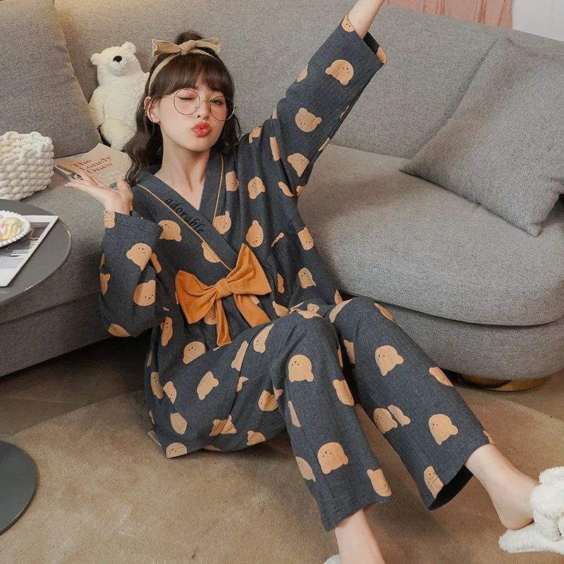 M-2XL, большие размеры, японское весеннее милое кимоно, женские топы для сна с длинными рукавами, длинные брюки, молодежные пижамы, хлопковая свободная домашняя одежда