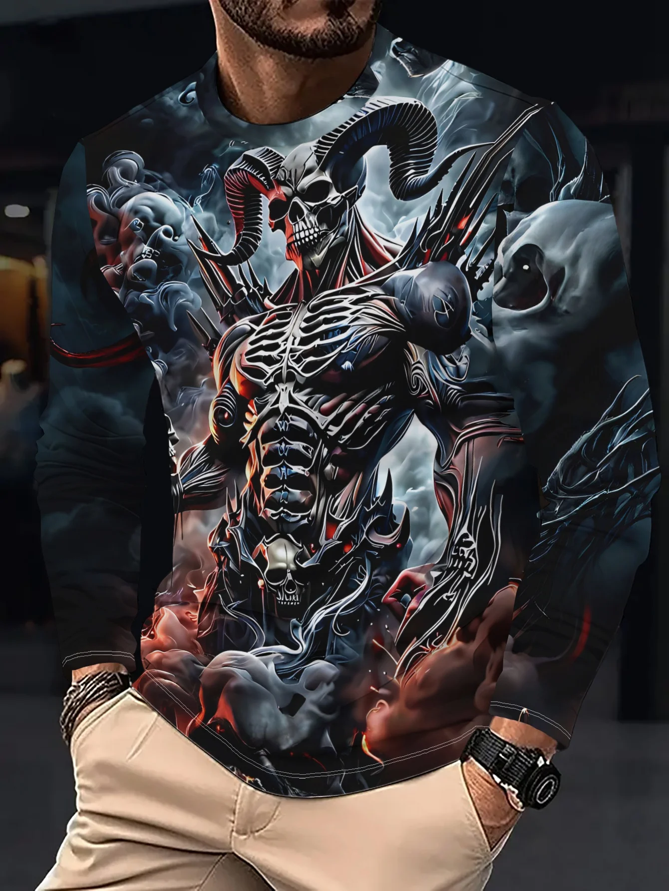 Men's 3D Skeleton Printed T-shirt for Autumn/Winter 2026 New Men's Round Neck Casual Comfortable Gothic Casual Long Sleeve