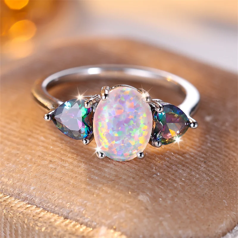 Oval Mystic White Fire Opal Rings For Women Silver Color Wedding Bands Rainbow Heart Zircon Engagement Party Jewelry Mother Gift