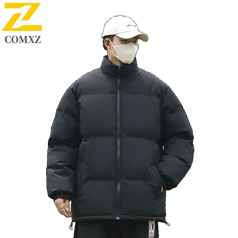 COMXZ 2025 Mens Winter Fleece Lined Thick Stand Collar Cotton Jacket Solid Color Unisex Warm Coat Teen lightweight windbreaker