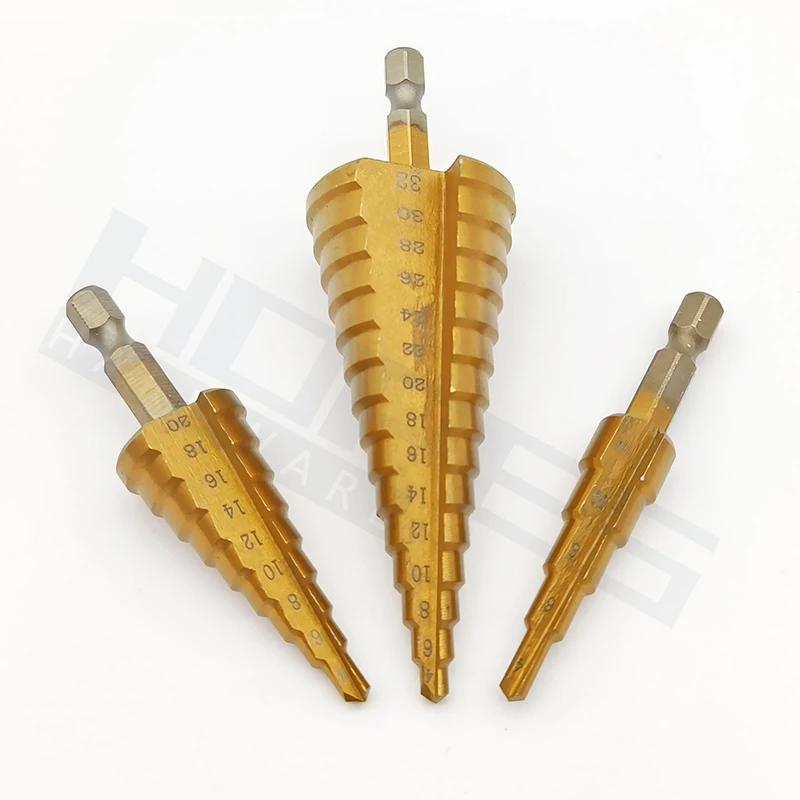 TiN Titanium Coating HSS High Speed Steel Step Drill Bits with Straight Flutes 1/4 Hex Shank 3pcs 4pcs Kit Set Package