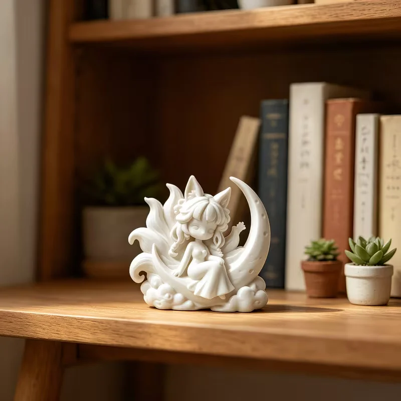 Nine Tailed Fox Fairy Figurine Statue Cute 3D Ornament Decor Gift for Friend Office Desk Bedroom Daily Tabletop Craft Display