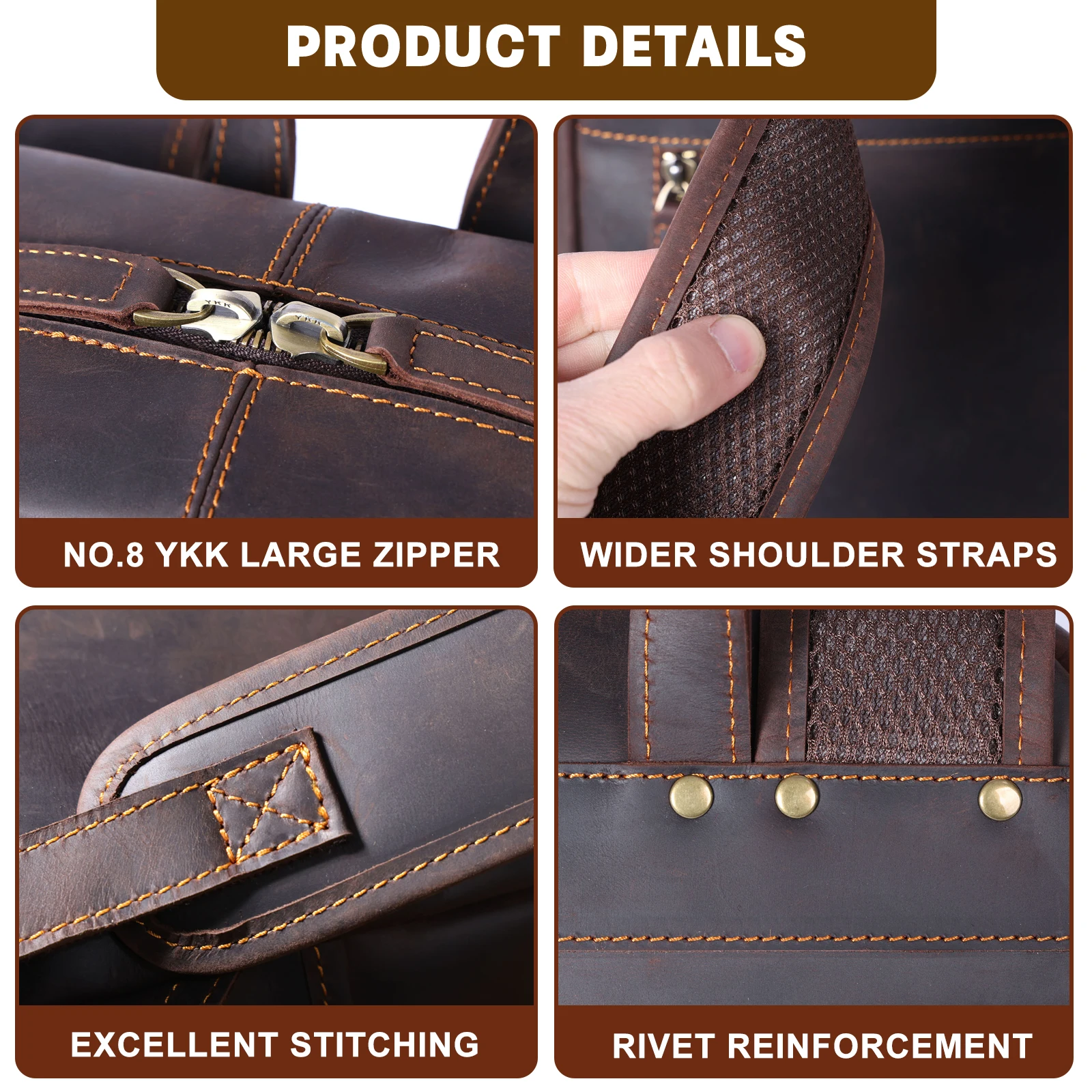 S.WORKER Vintage Echtleder-Rucksack für Herren, Große Laptop-Schultertasche aus Rindsleder, Klassische Vintage Crazy Horse Schultasche für Reisen – Detail 13