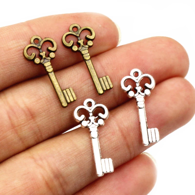 50pcs 21x10mm Vintage Small Key Charms Antique Bronze Silver Plated Handmade Charms Pendant DIY Findings for bracelet necklace