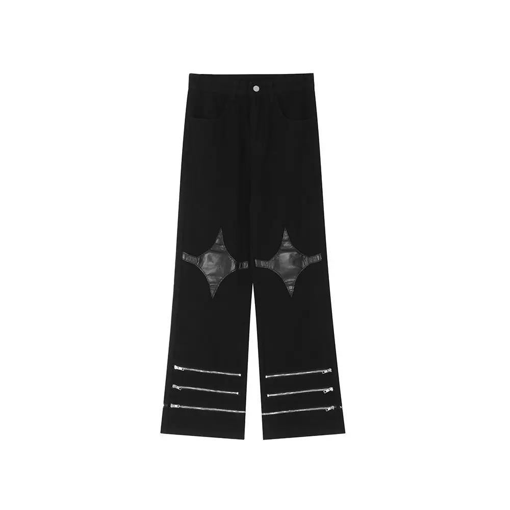 Pantalones vaqueros negros con diseño de cremallera para hombres y mujeres, pantalones casuales sueltos de pierna recta, hip-hop, estilo americano, moda Harajuku