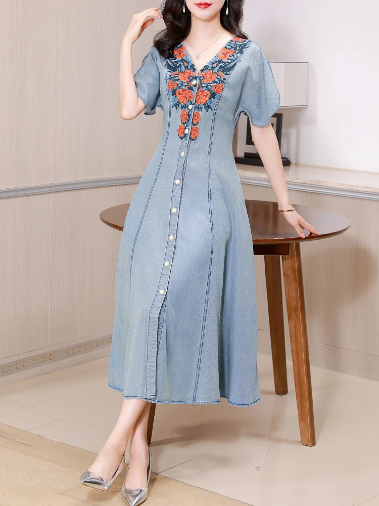 

TIYIHAILEY-Women's Long Mid-Calf Single Breasted Denim Dresses, Chinese Style Embroidery, Short Sleeve, Vintage, M-4XL