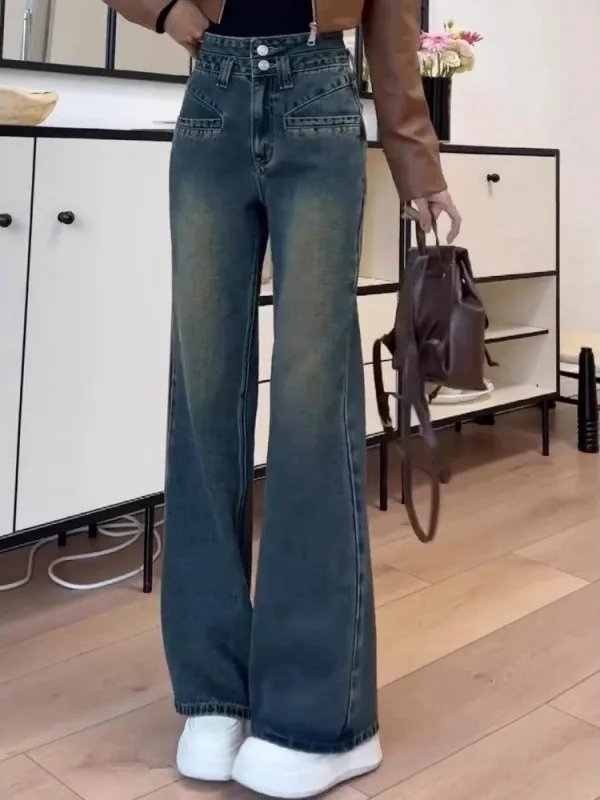 

High Waist plus Size Denim Jeans Double Bule Belly Cover Slimming Wide Leg Casual Vintage Blue Waed Women's Jeans