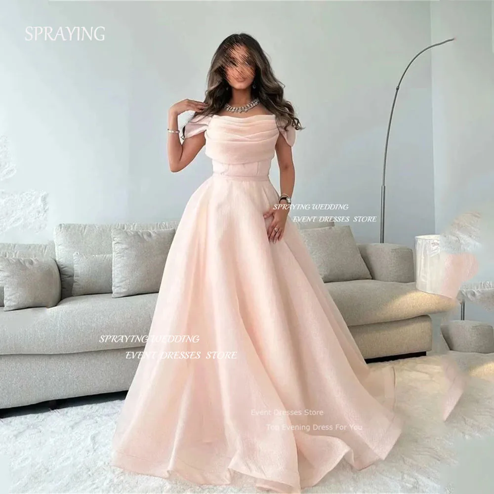 

SPRAYING Pink Saudi Arabic Women Fuschia Organza Silk Evening Dresses Off the Shoulder Floor Length Prom Gowns Long Formal Party