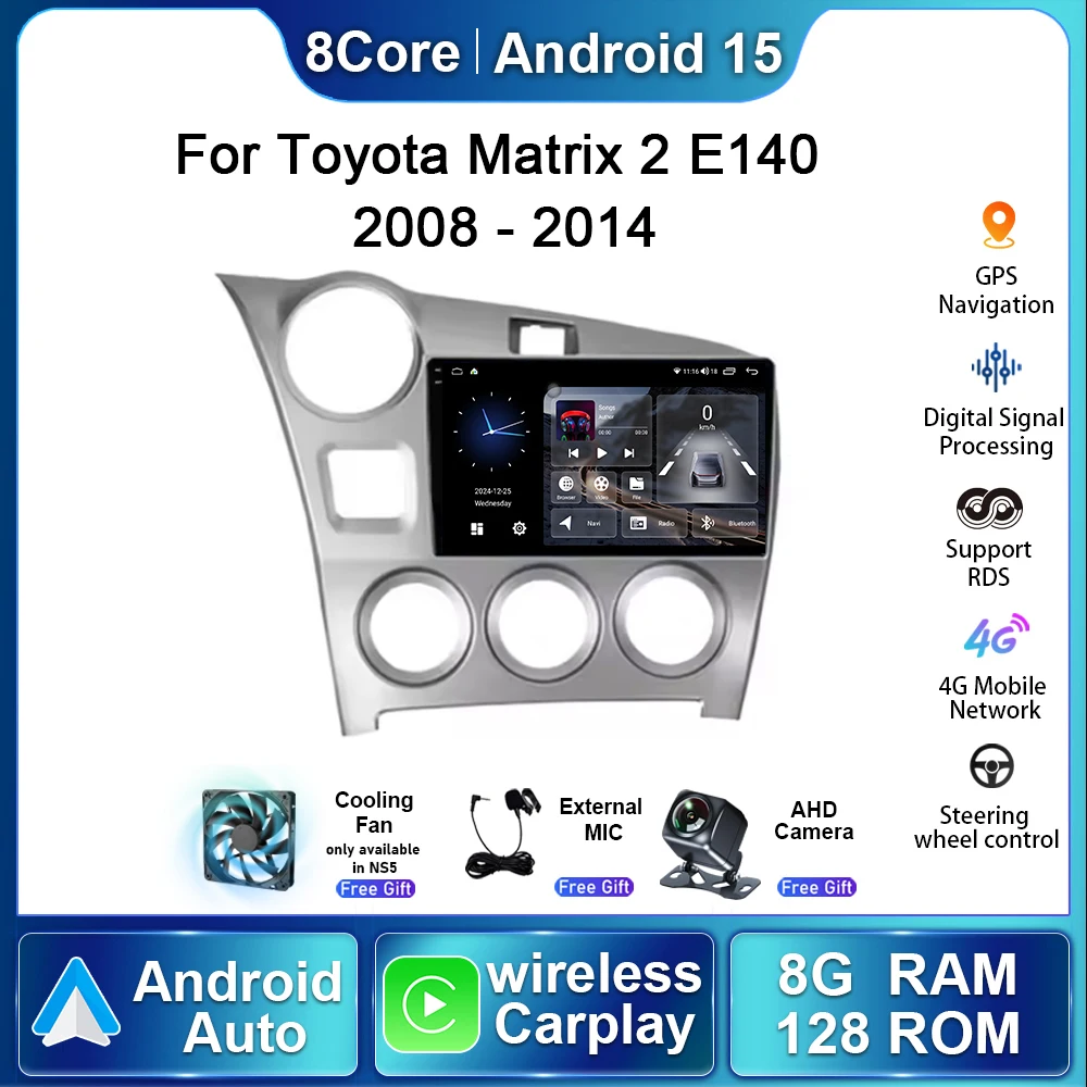 

Беспроводное автомобильное радио с CarPlay для Toyota Matrix 2 E140 2008-2014, Android 15, мультимедийный проигрыватель, стереосистема, навигация GPS