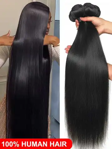 Extensiones de cabello humano liso de hueso de 12-42 pulgadas, cabello humano brasileño tejido, 100% cabello humano, extensión de cabello largo Remy, negro Natural