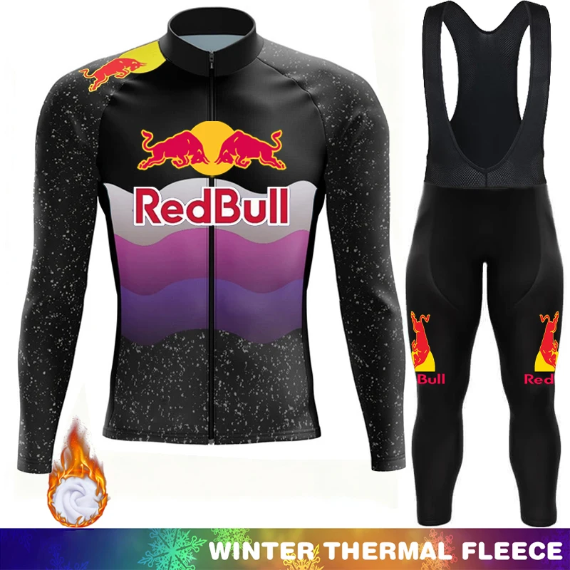 Red Bull Winter Thermal Fleece Cycling Bib Men's Pants Jersey Mtb Clothing Man Maillot Outfit Mens Clothes Bike Road Bikes Shirt