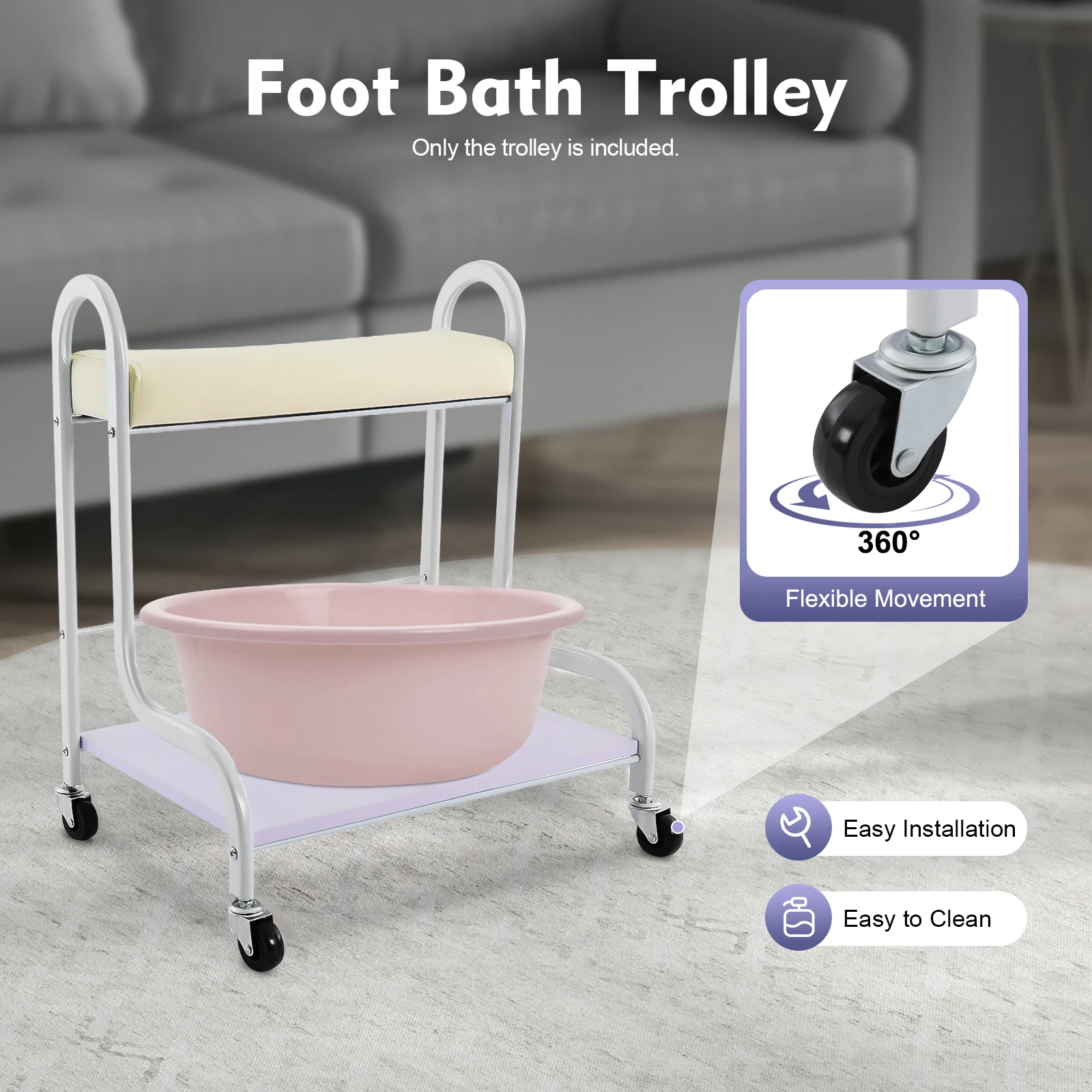 Multi-Functional Foot Bath Trolley with Wheels, 100 kg Load Capacity, Universal Swivel Casters, Footrest for Manicure and Massage, Sturdy Wood and Metal Spa Cart for Home Salon Clinic Use, Black/White