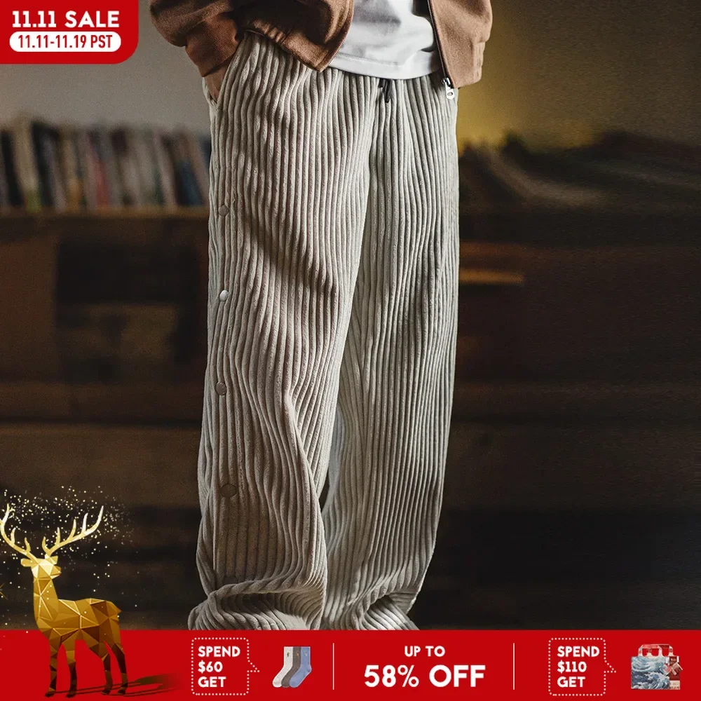 

Maden Retro Warm Corduroy Snap-up Sweatpants Loose Elastic Waist Sports Casual Straight-leg Fall Trousers for Men's Winter Pants
