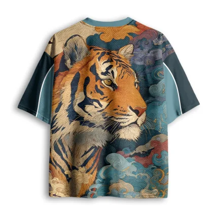 Japanese Style Tiger Cloud Print Mesh Jersey V Neck Short Sleeve Tee Shirt