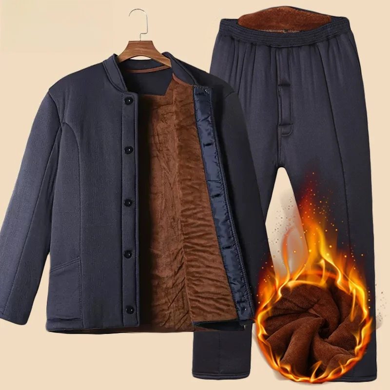 Thiened Camel Down FCE-gefüttertes Baumwoll-Jaset- und Hosen-Set für Männer mittleren Alters und mit warmer Widerstand kalter Baumwolle.