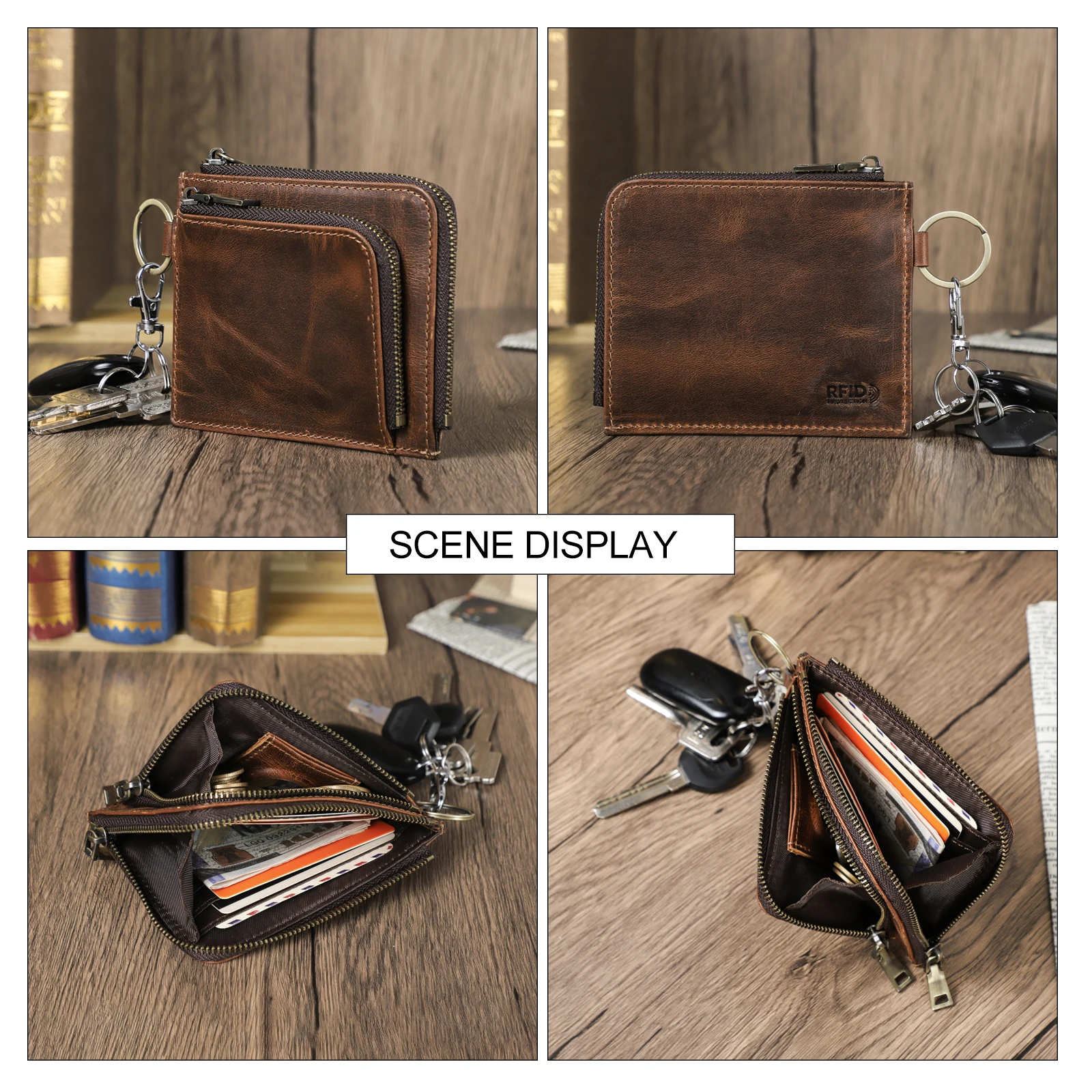 CONTACT'S Genuine Leather Men Short Wallets Full Grain Leather Mini Wallet Key Chain AirTag Card Holder Mioney Clip Coin Purses