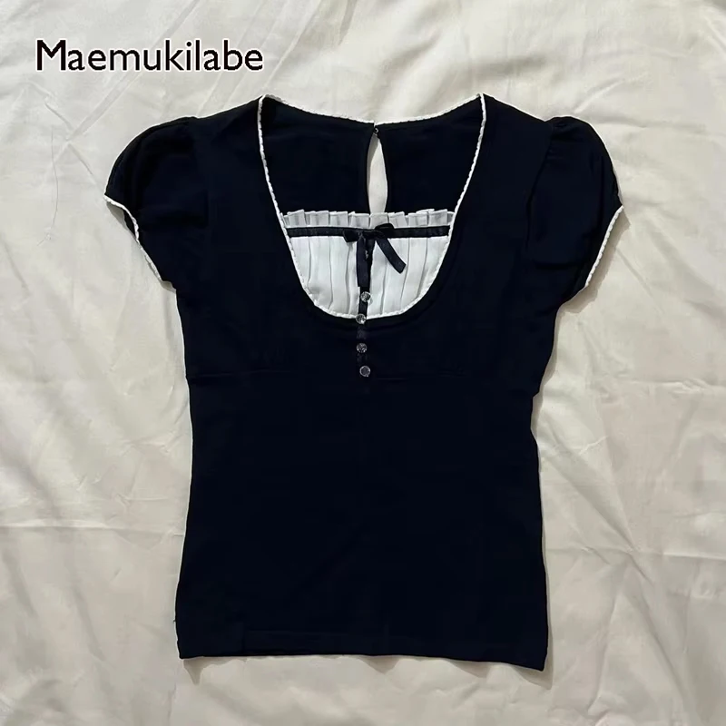 Maemukilabe Korean Preppy Kawaii Bow Crop Top Vintage Square Collare Puff Sleeve Milkmaid Top Tees Harajuku Grunge T-shirt Women