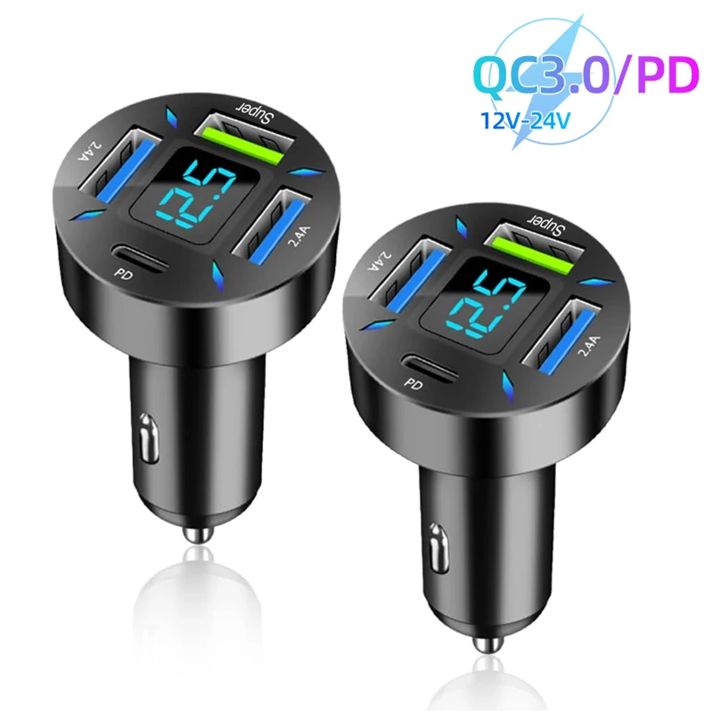 

Автомобильное зарядное устройство QC 3.0 USB Type-c Быстрая зарядка с вольтметром Разъем прикуривателя Адаптер питания PD Зарядная головка для мобильного телефона