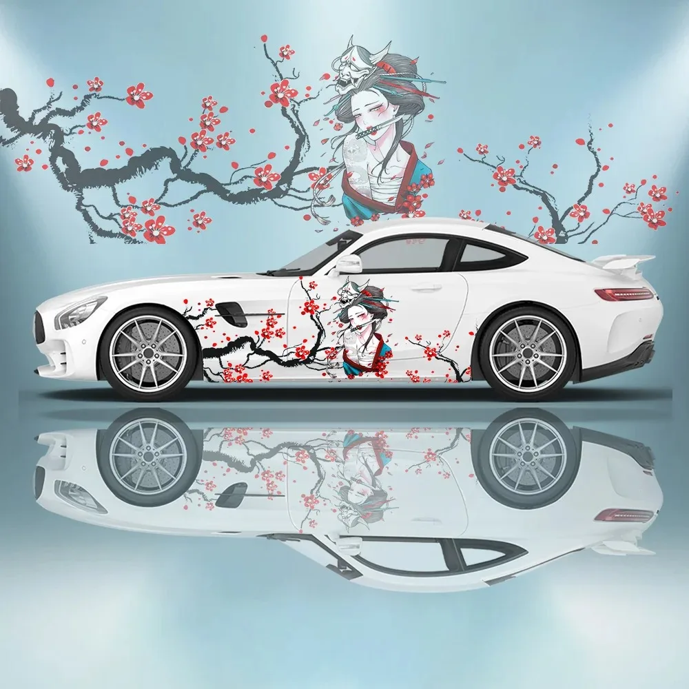 

Виниловая самоклеящаяся наклейка на автомобиль с изображением японской гейши и цветущей сливы, декоративная наклейка для автоспорта, подходит для легковых автомобилей, грузовиков и внедорожников