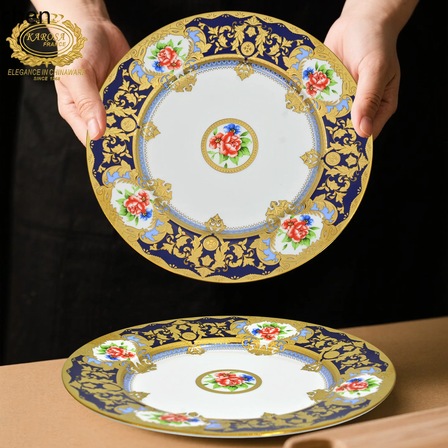 ZML Bone Porcelain Embossed Gold 12inch Flat Plate Steak Plate Salad Plate Round Plate