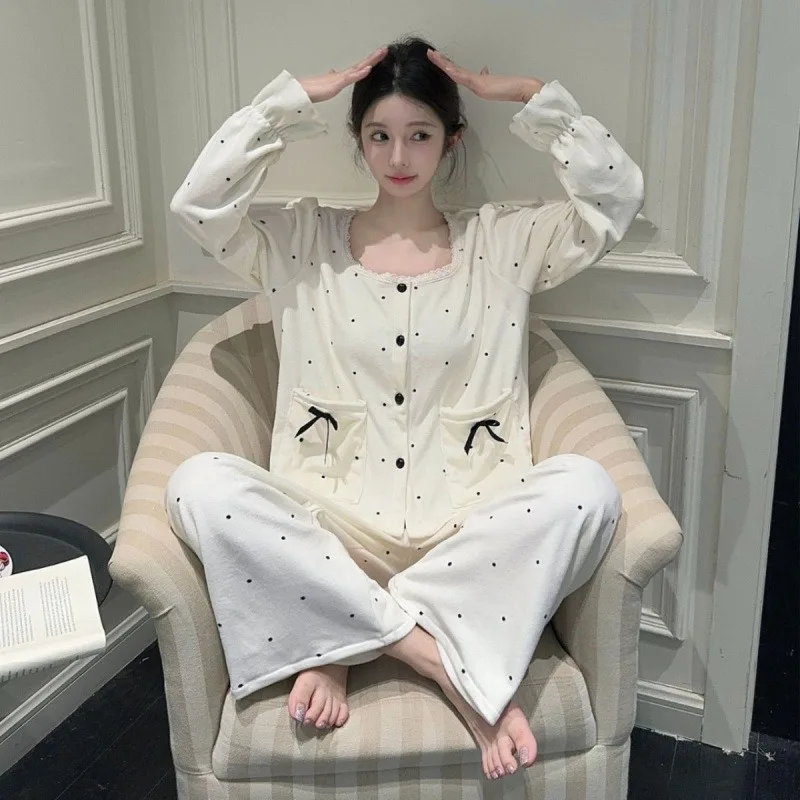 2025 Autumn Winter Women's New Island Velvet Pajamas Set Sweet Polka Dot Cardigan with Double-Sided Thickened Loungewear XL Size