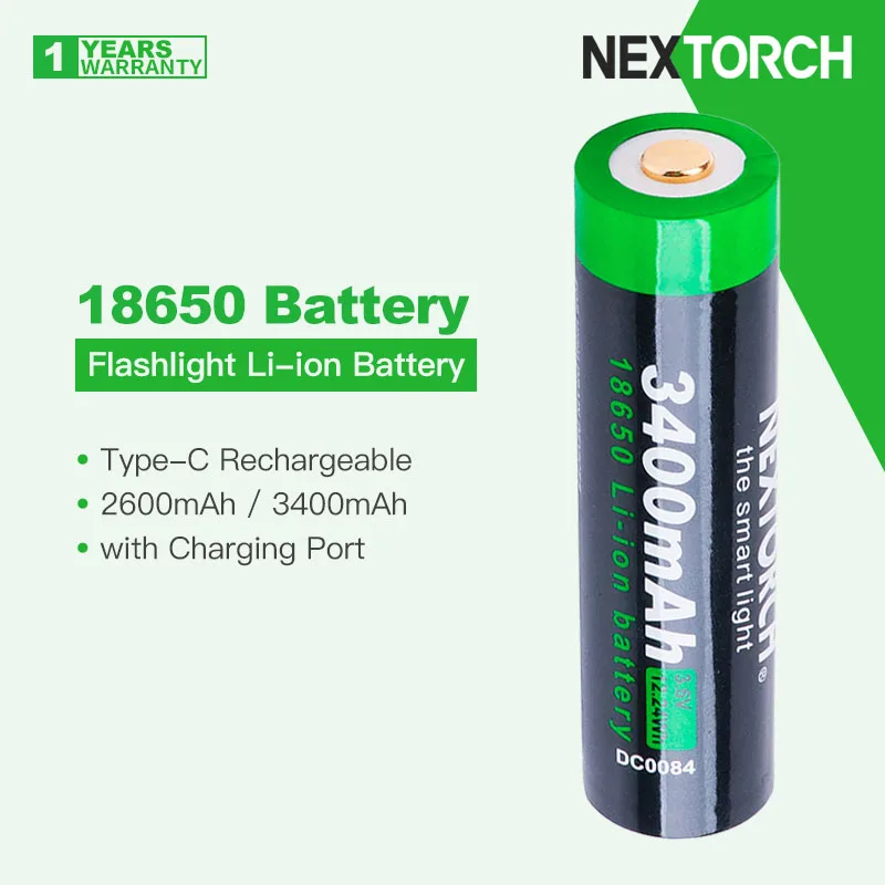 

Nextorch 18650 Battery for Flashlights, Multiple circuit protection, Available in 2600mAh/3400mAh, Charging Port, Rechargeable