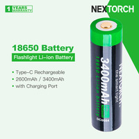 Nextorch 18650 Battery for Flashlights, Multiple circuit protection, Available in 2600mAh/3400mAh, Charging Port, Rechargeable