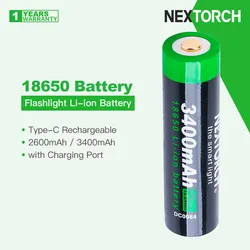 Nextorch-batería 18650 para linternas, protección de múltiples circuitos, disponible en 2600mAh/3400mAh, puerto de carga, recargable