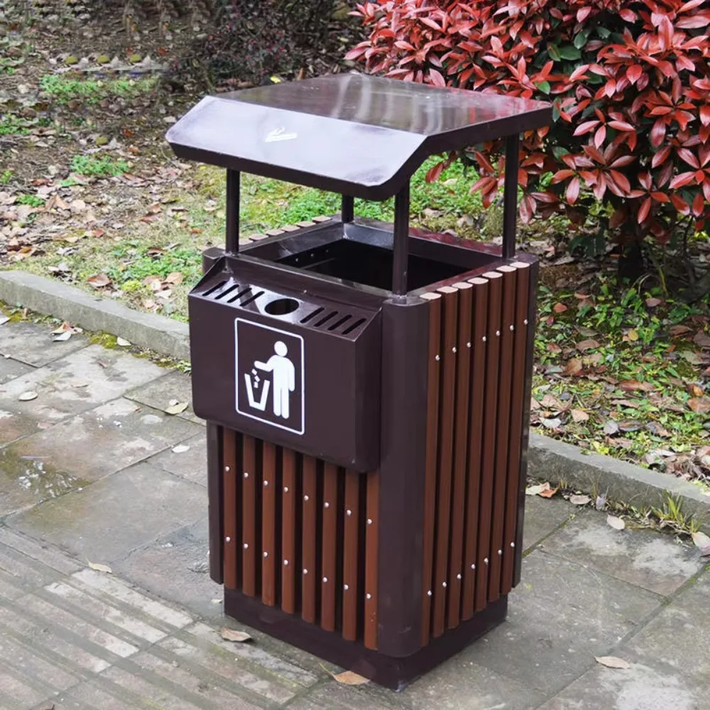 Open outdoor wooden single-bin trash cans, steel and metal containers for recycling trash bins