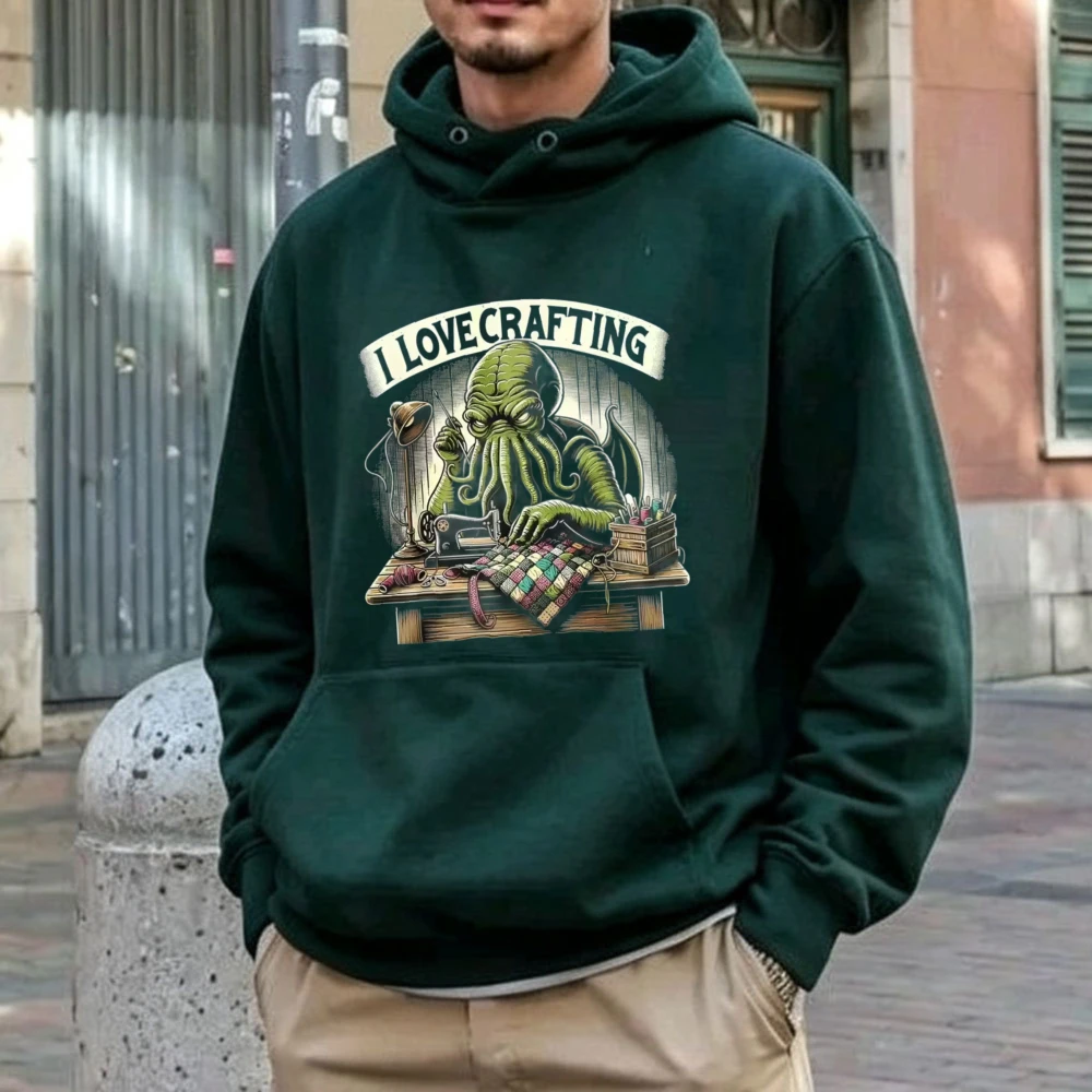 I Love Crafting Funny Cthulhu Sewing Machine Crafting Graphic Hoodie Weird Horror Creature Pullover Hooded Nerd Hobby Hoody Tops