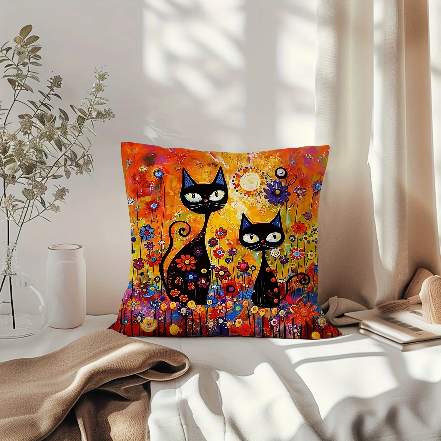 Black Magic Cat Kissenbezug 45x45cm, Folk Art Sun & Floral Kissenhülle, geheimnisvoller Kissenbezug für Sofa, Schlafzimmer, Heimdekoration