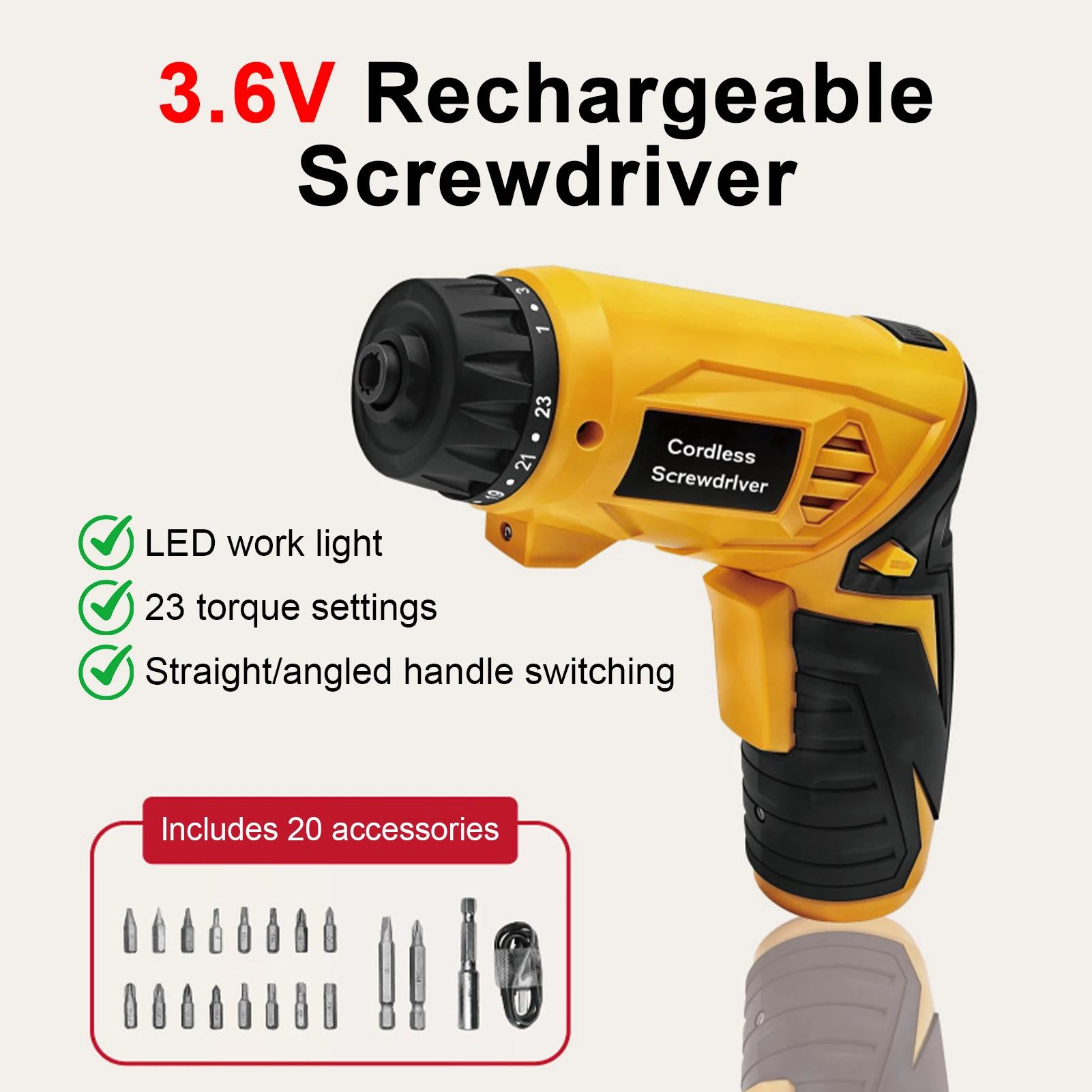 طقم مفك براغي كهربائي لاسلكي، مفك براغي 4 نان·م قابل لإعادة الشحن مع لقم قصيرة وطويلة، 23 إعداد عزم دوران، ضوء عمل LED