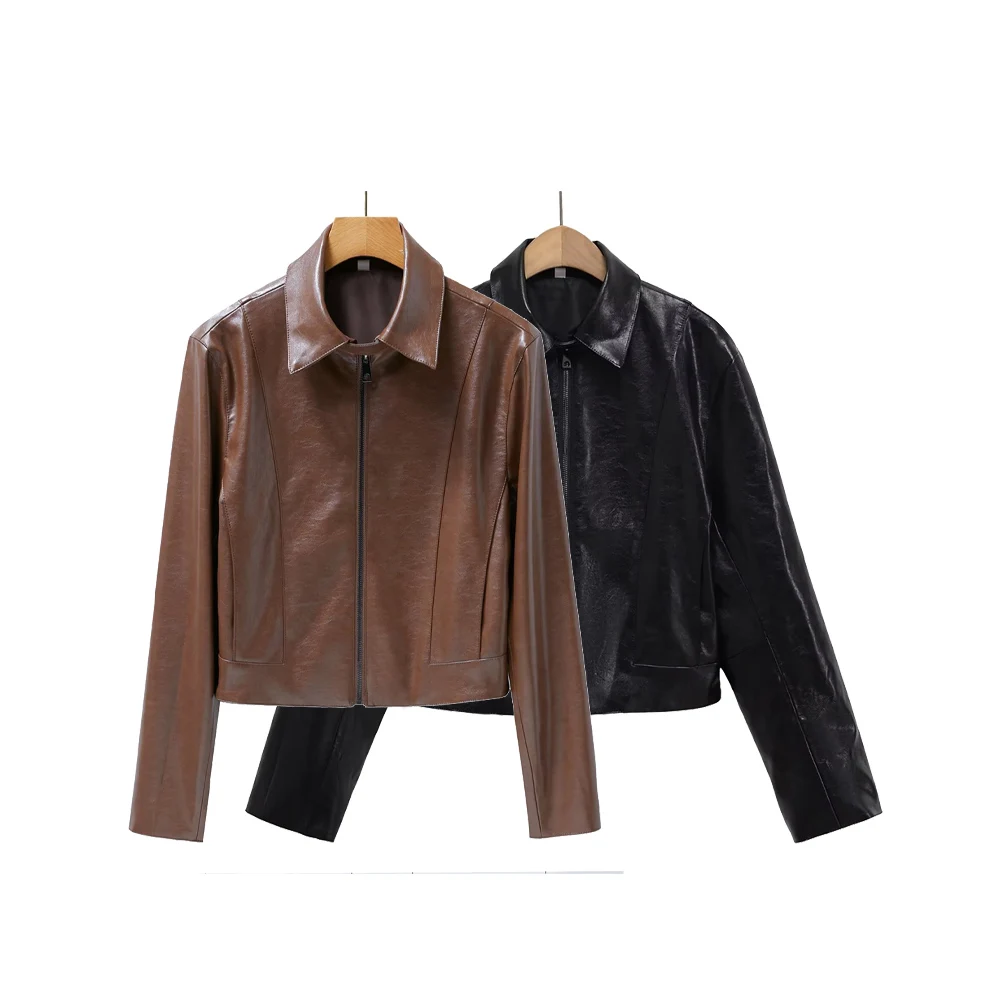 

BMURHMZA Women's New Fashion Classic, Free Style, Cool and Savvy Style, High Grade, Short Flip Collar Leather Jacket