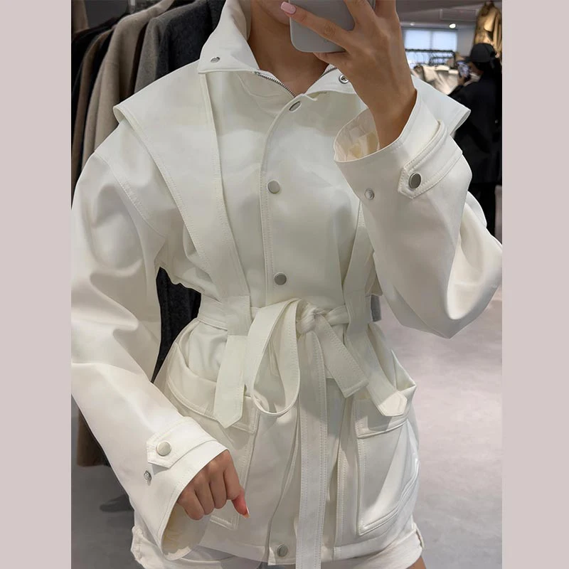 Damen-Windbreaker mit Revers und Schnürung, einreihiger Trenchcoat für Frühling und Herbst, langärmelige, schmale Jacke, neue Oberbekleidung – Detail 5