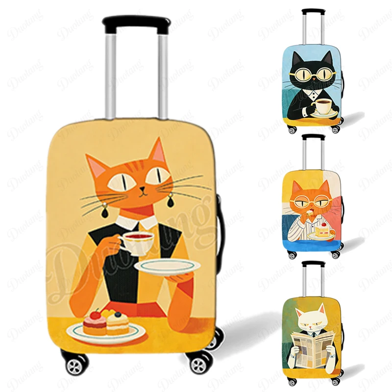Cute Cat Having Coffee Pattern Luggage Covers for Travel Anthropomorphic Cat Illustration Anti-dust Suitcase Protective Cover
