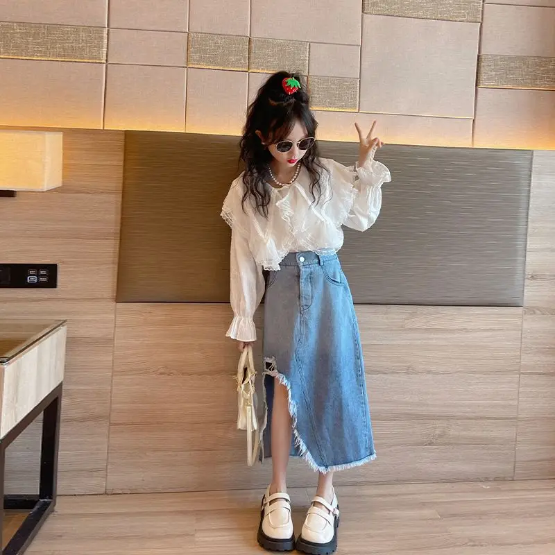 Korean Childrens Wear 2023 Spring Set Fashionable Girls Spring Wear Childrens Denim Set Skirt Girls Fashion Cotton Sets