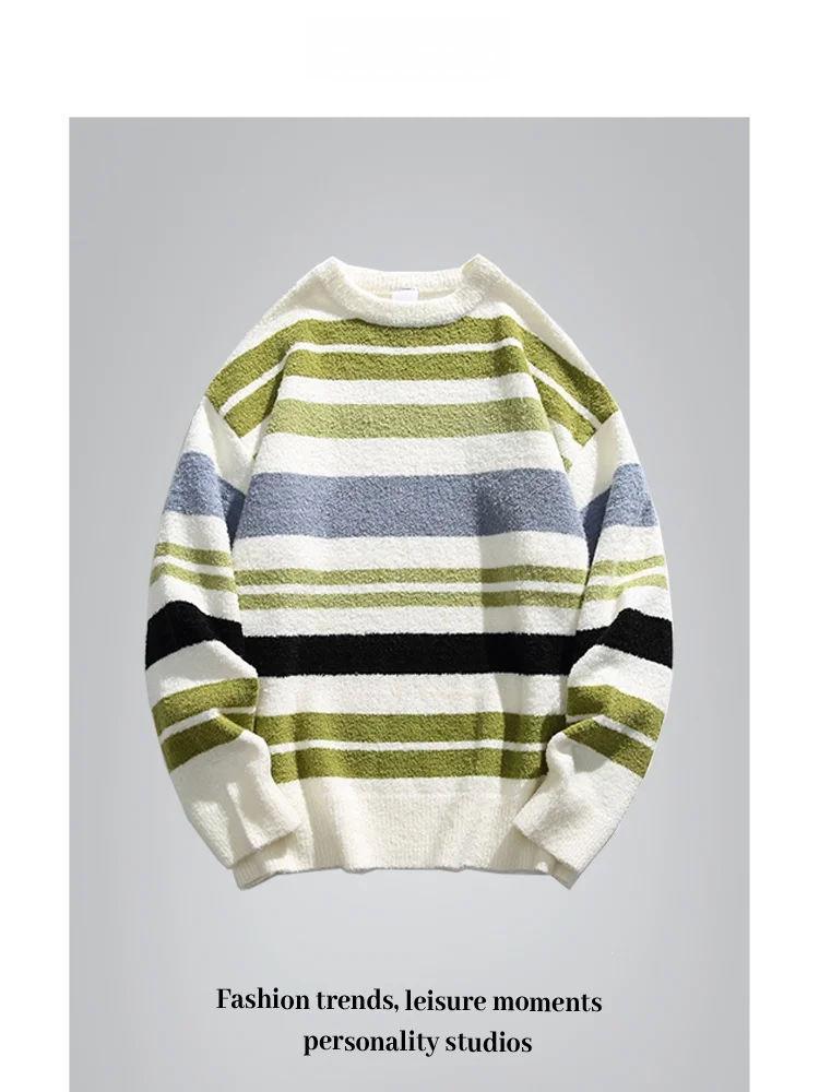 

ANXIE Trendy Brand Knitted Sweater High Street Stripes ex Loose Fit Faion Urban Sle Long Sve round Ne