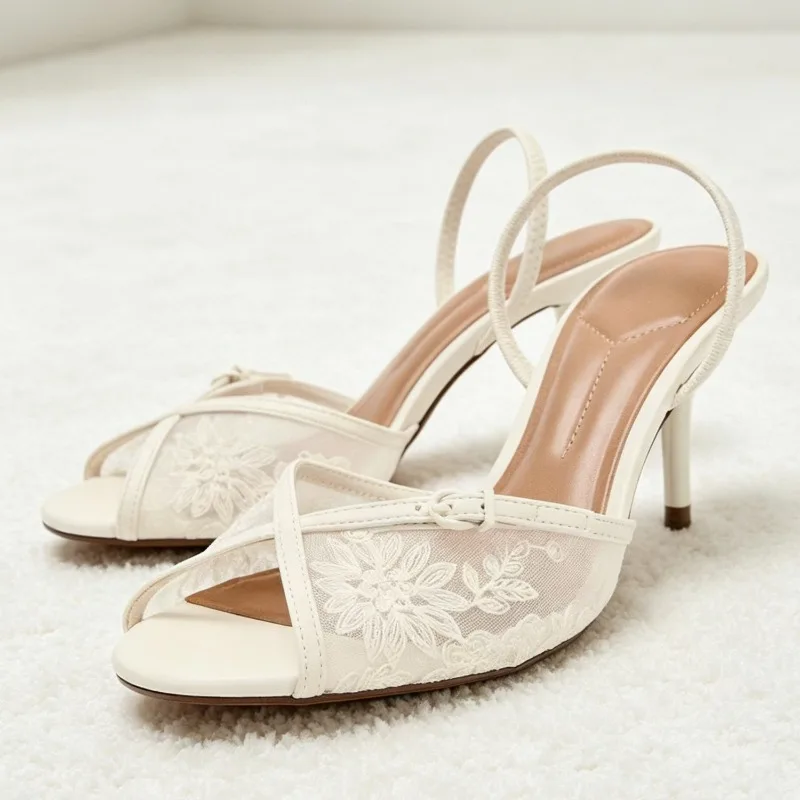 

Mesh Embroidered High-heeled Sandals for Women Summer Front Opening Buckle Detail Stiletto Heels Sexy Back Strap Designer Shoes