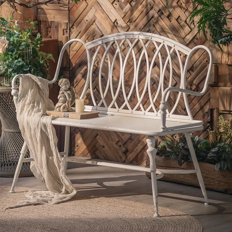 French vintage distressed courtyard chair outdoor leisure wrought iron double bench park garden balcony back decorative chair