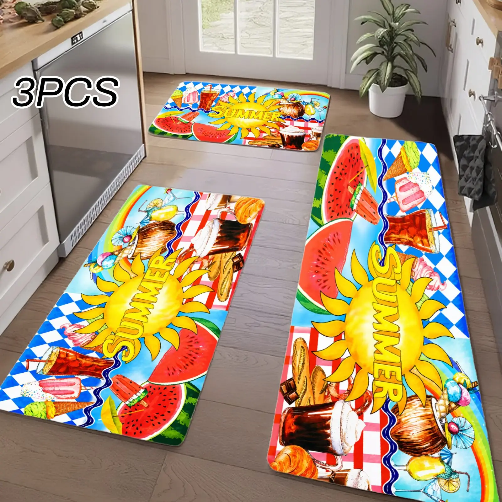 3PCS Kitchen Rugs,Home Decoration for Front Door, Kitchen, Summer Sun Watermelon Ice Cream Beach Party Pattern Dining Mat