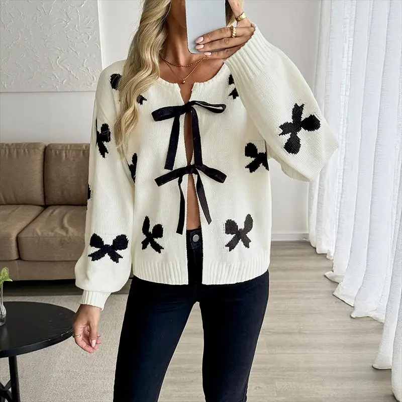 

Women's Cream White Black Bow Lace Up Front Knitted Cardigan Autumn Winter Casual Loose Fit Daily Outerwear