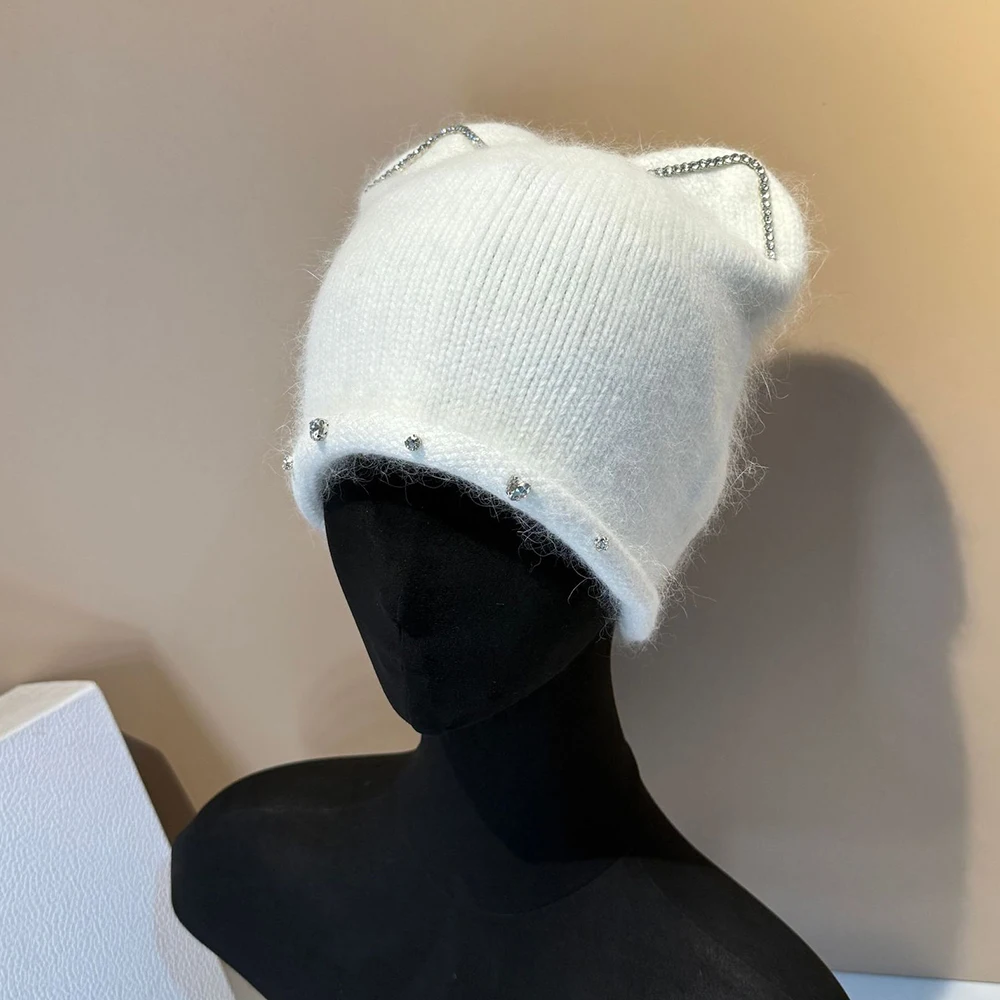 

Hat Women Winter Angora Knit Beanie Cat Ears Rhinestone Warm Soft Accessory For Autumn Cold Weather Skiing Sports Outdoor Design