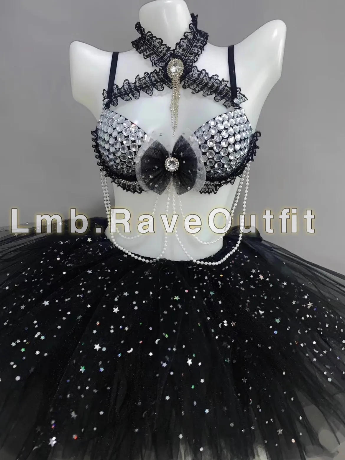 

Black White Sexy DS Nightclub Bar Cosplay Clothing Crystal Stone Diamond Bow Lace Top+Stagr Tutu Skirt Singer Dance Stage Outfit