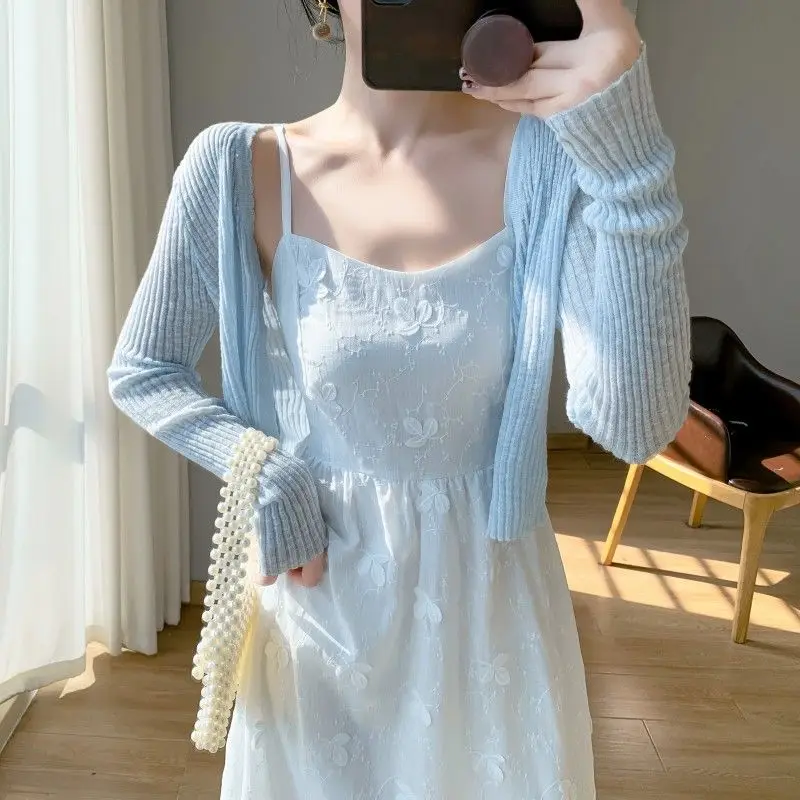 

Spring and Summer Dress for Women Solid Color Jacquard Suspenders V Neck Vacation Style Temperament Waist Two-piece Set