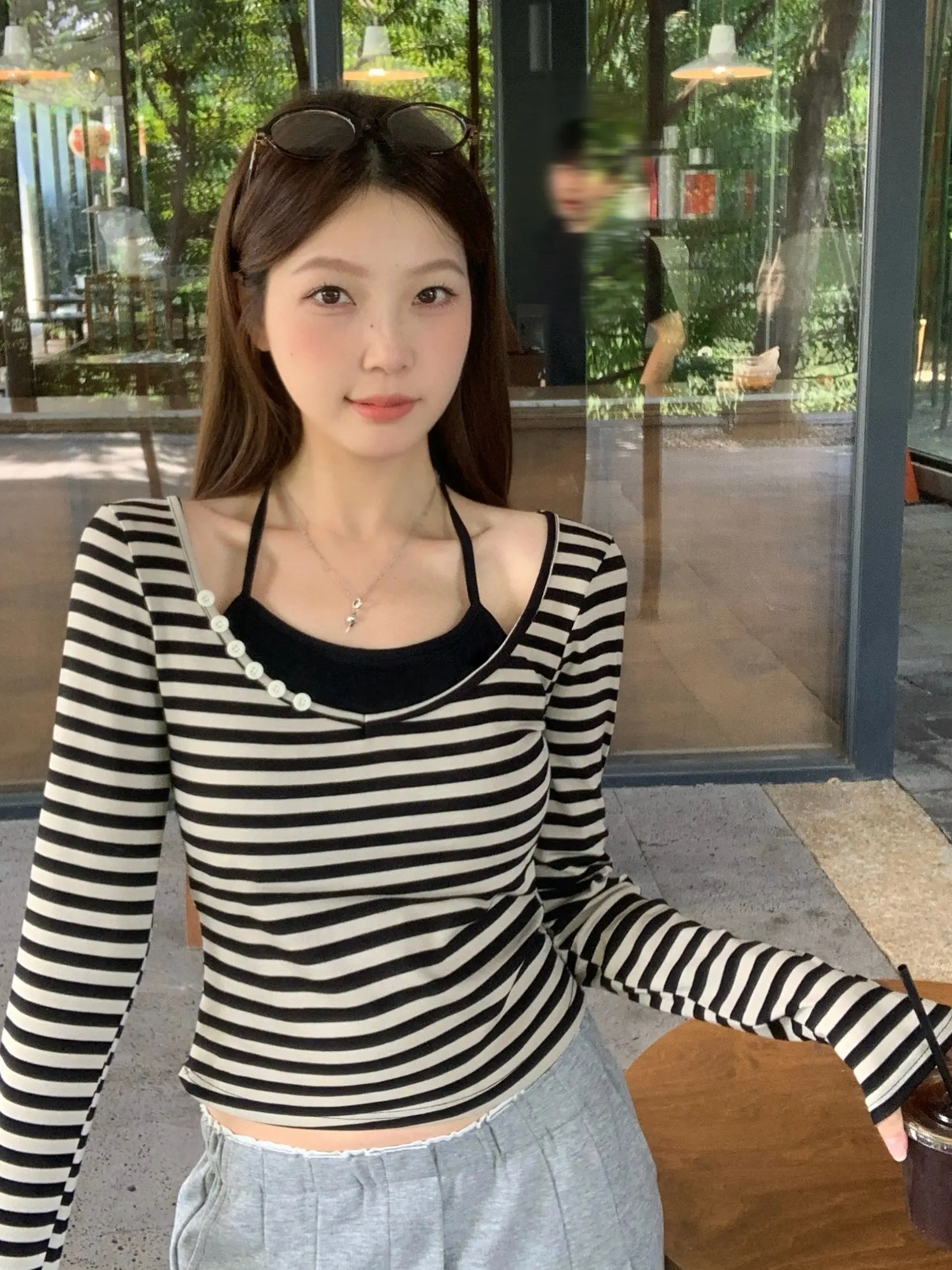 

Женская футболка больших размеров с длинным рукавом в полоску, облегающая, имитация двухслойности, в стиле Hot Girl, повседневная, из полиэстера