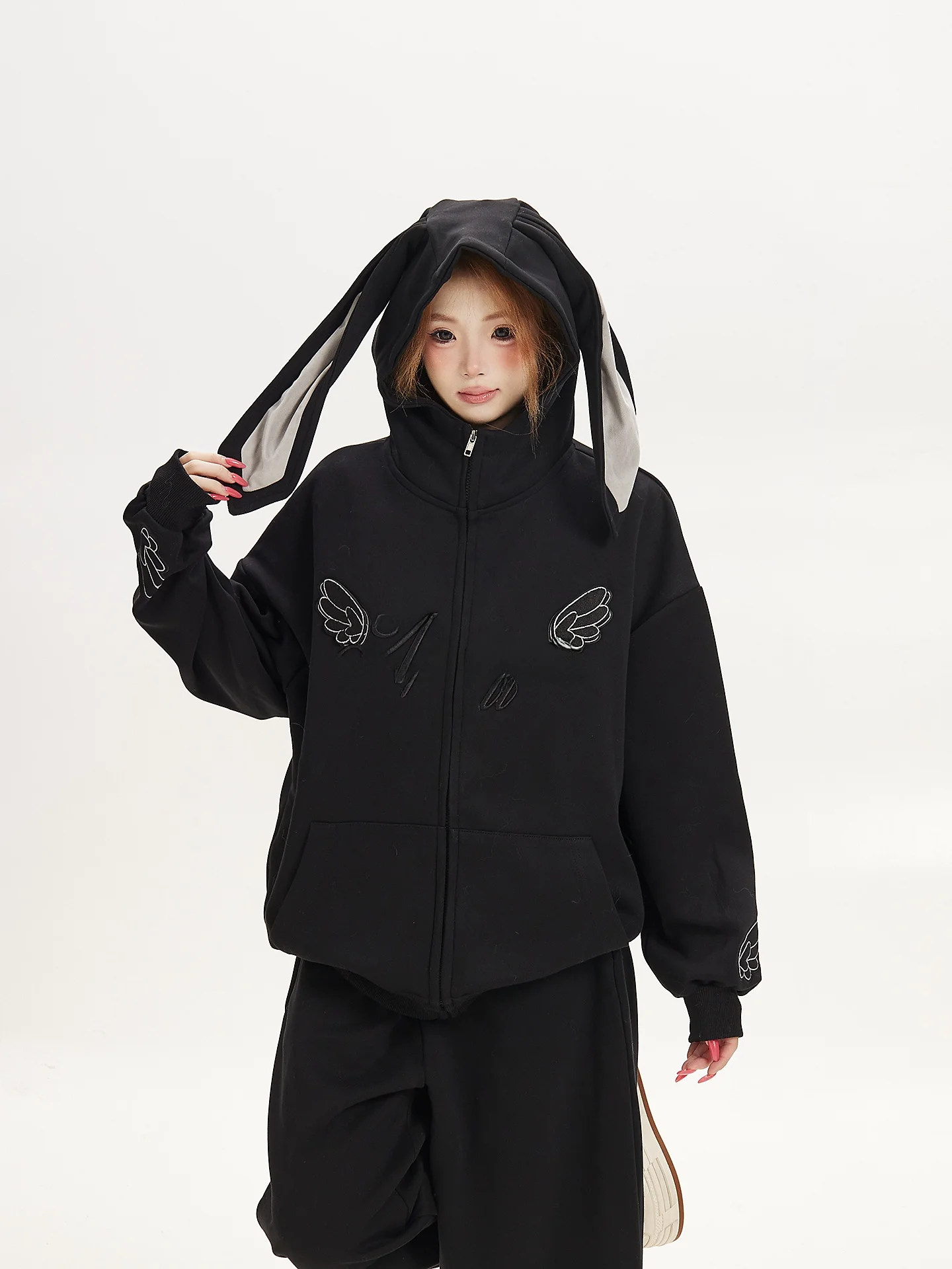 Sweet Style Rabbit Ear Hoodie Cardigan Women's Spring Autumn Loose Lazy Style Jacket Sweatshirt Set Casual Comfortable Cotton