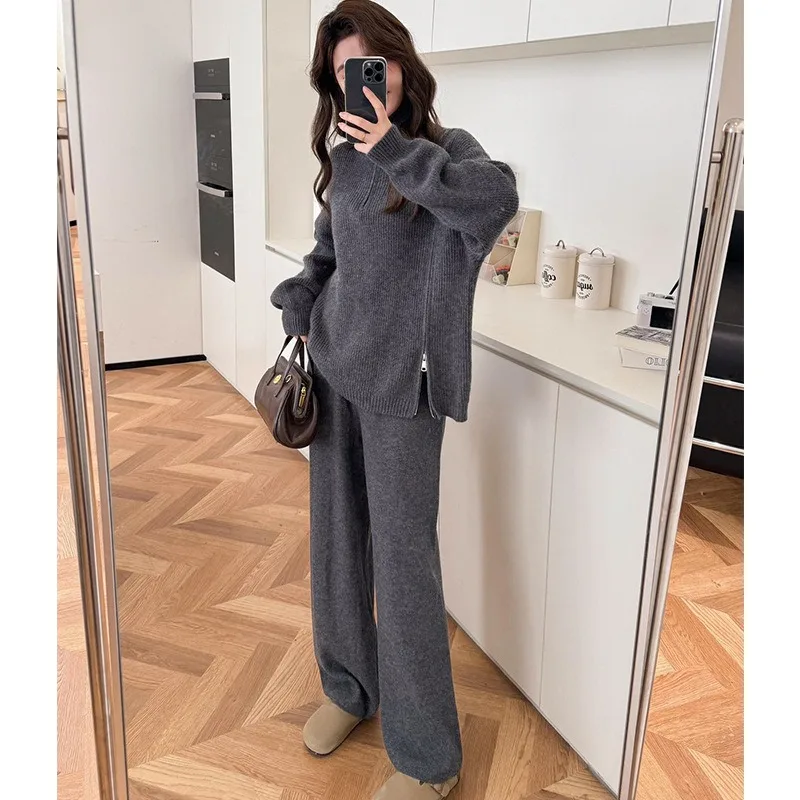

Autumn and Winter New Casual Sports Fashion Lazy Style Vertical Neck Sweater Knitted Wide Leg Pants Two-piece Suit for Women