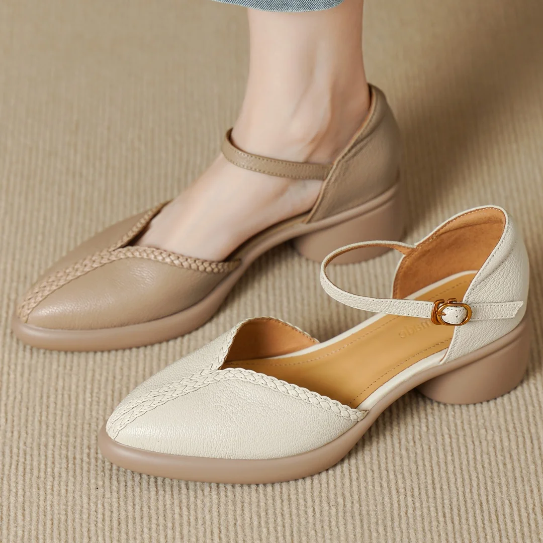 

danxuefei women's sheepskin ankle strap sandals pointed toe 5cm round med toe elegant ladies summer soft comfortable heels shoes