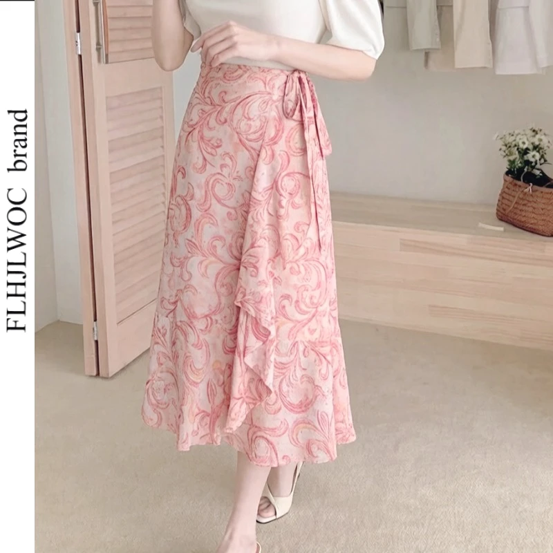 Y2K Wrap-Up One-Piece Skirts FLHJLWOC Women's Holiday Bohemian Style Vacation Beach Bodycon Lace-Up Ruffle Floral Chiffon Skirt