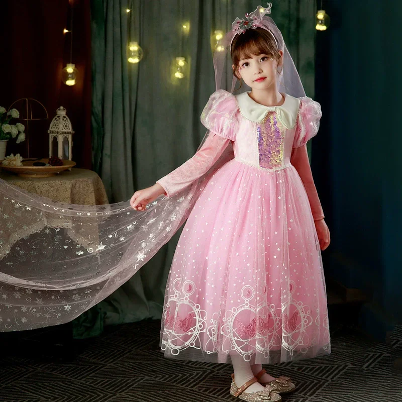 Costume da principessa Dress Up Outfit Costume rosa della Bella Addormentata per ragazze Costume di Halloween a maniche lunghe Vestito da festa cosplay 2-@0Z*